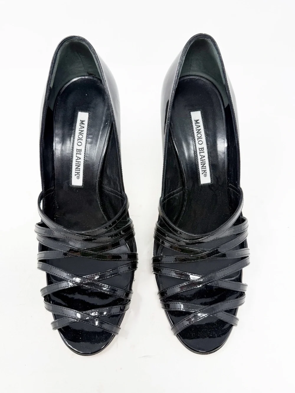 Manolo Blahnik CPETRA Patent Leather Strappy Heels Black Womens Size EU 37.5